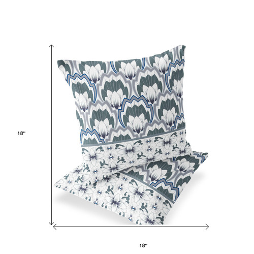 Set of Two Gray And Blue Floral Indoor Outdoor Throw Pillow