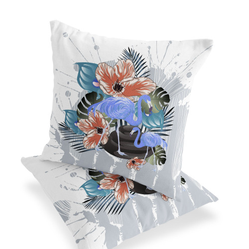 Set of Two Gray Blue And Orange Flamingo Floral Indoor Outdoor Throw Pillow