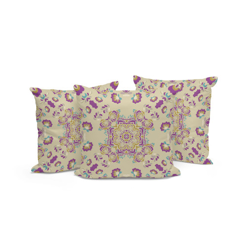 Set of Three Off White And Purple Botanical Indoor Outdoor Throw Pillow