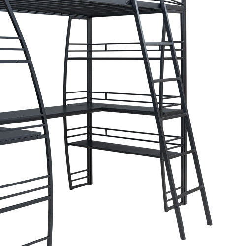 Black Platform Wood Twin Loft Bed With Desk And Shelve