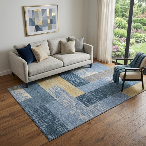 5' X 8' Denim Blue Ivory And Gold Geometric Washable Area Rug With UV Protection