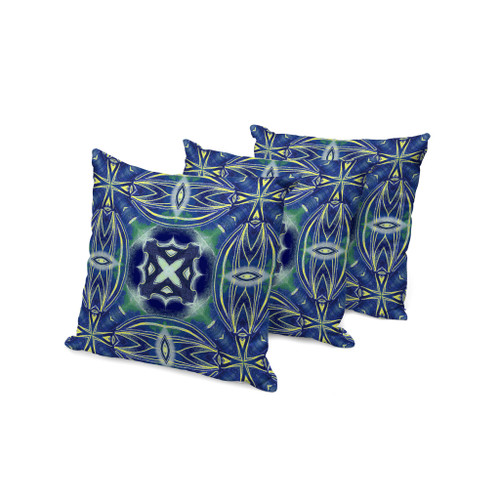 Set of Three Blue And Green Floral Indoor Outdoor Throw Pillow