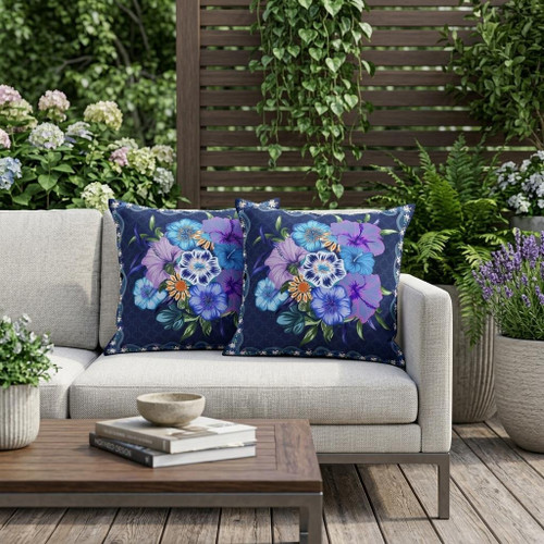 Set of Two Yellow And Dark Blue Floral Indoor Outdoor Throw Pillow