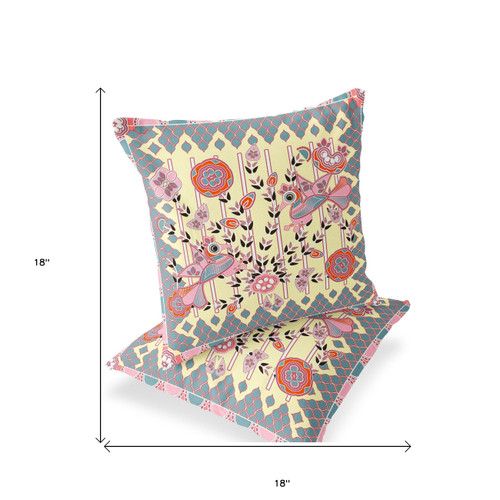 Set of Two Yellow Pink Orange And Gray Peacock Indoor Outdoor Throw Pillow