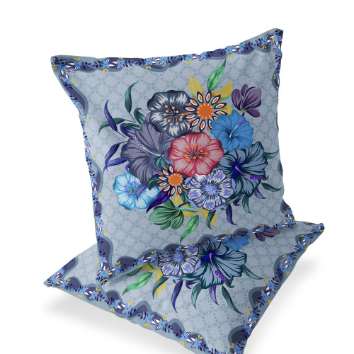 Set of Two Pink And Gray Floral Indoor Outdoor Throw Pillow