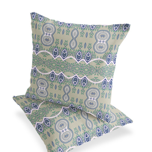 Set of Two Light Green And Beige Botanical Indoor Outdoor Throw Pillow