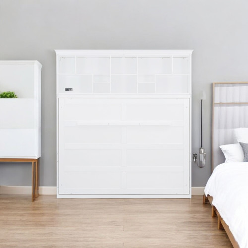White Wood Queen Murphy Bed With USB