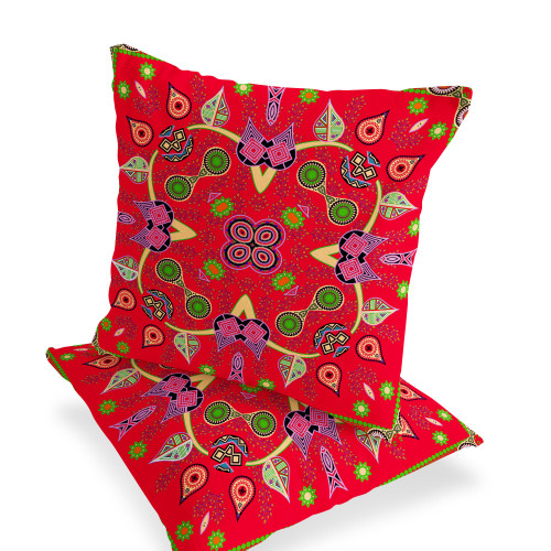 Set of Two Red Pink And Green Paisley Indoor Outdoor Throw Pillow