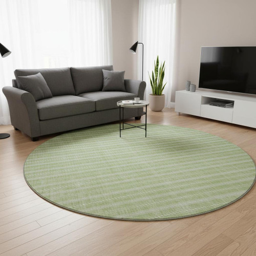 8' Artichoke Green And Ivory Striped Washable Round Rug With UV Protection