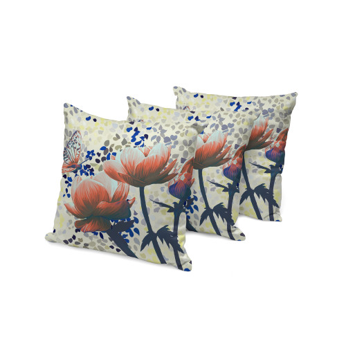 Set of Three Orange Dark Green And Yellow Floral Indoor Outdoor Throw Pillow