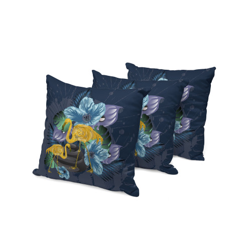 Set of Three Blue Yellow And Purple Flamingo Floral Indoor Outdoor Throw Pillow