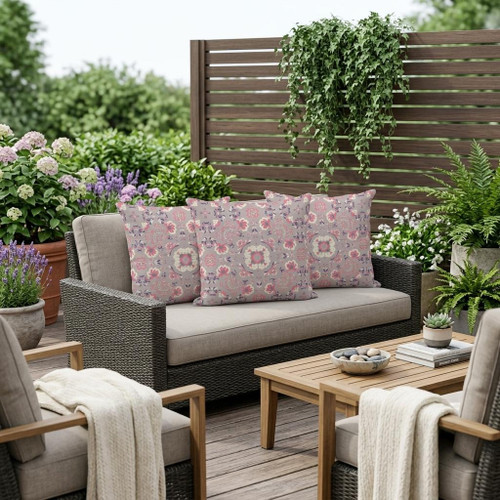 Set of Three Pink And Cream Floral Indoor Outdoor Throw Pillow