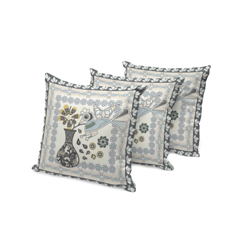 Set of Three Cream Black And Gray Peacock Indoor Outdoor Throw Pillow
