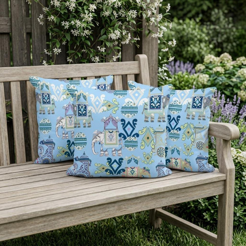 Set of Three Sky Blue And White Elephant Indoor Outdoor Throw Pillow