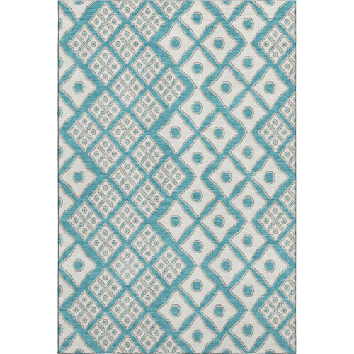 5' X 8' Teal And Ivory Geometric Washable Area Rug With UV Protection