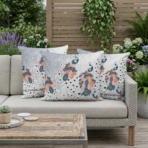 Set of Three Gray Peacock Indoor Outdoor Throw Pillow