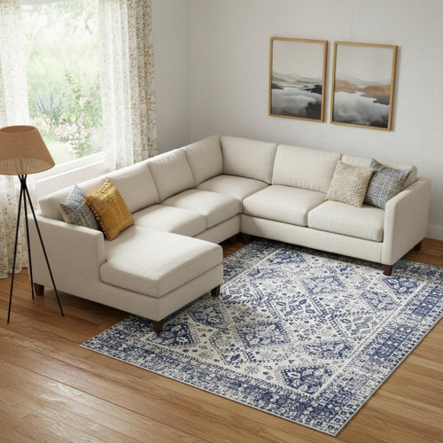 8' X 12' Ivory And Blue Geometric Distressed Area Rug