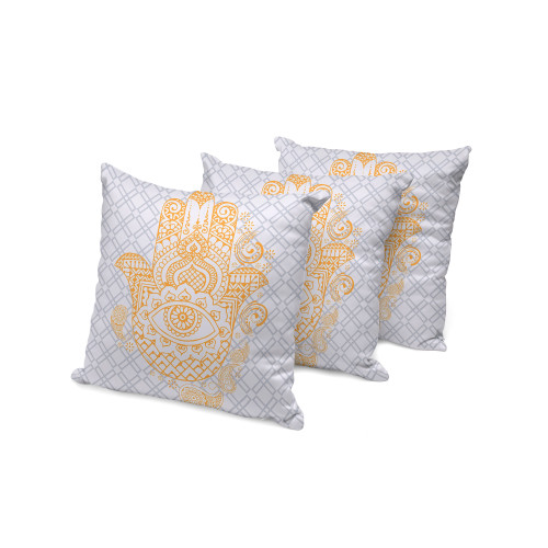 Set of Three Gold And Gray Hamsa Indoor Outdoor Throw Pillow
