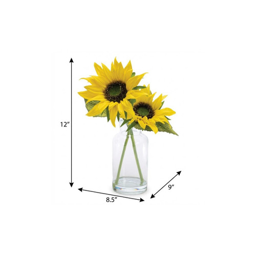 Set of Two 12" Green And Yellow Artificial Sunflowes In Cylindrical Clear Glass Vase