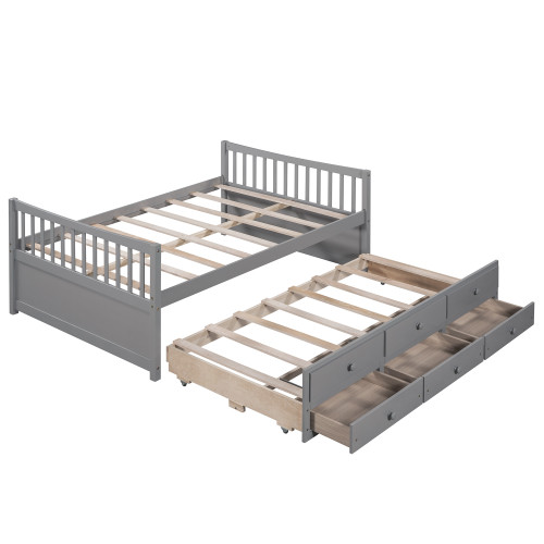 Gray Wood Full Bed Frame With Trundle And Drawers