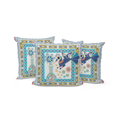 Set of Three Light Green Beige And Pink Peacock Indoor Outdoor Throw Pillow