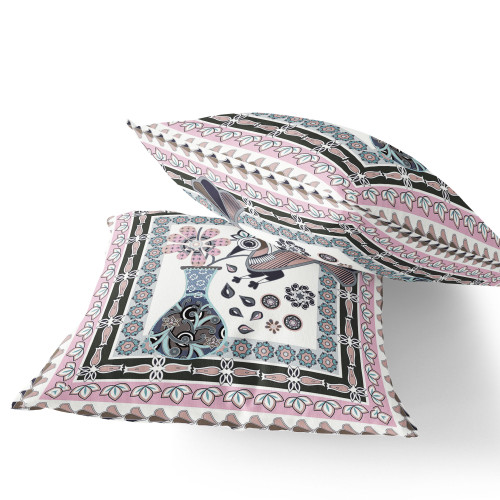 Set of Two Pink Black And Gray Peacock Indoor Outdoor Throw Pillow