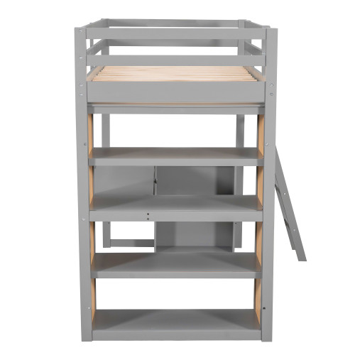 Gray Slat Wood Twin Loft Bed with Desk and Shelves