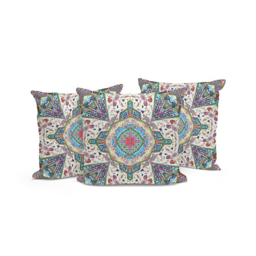 Set of Three Green Cream And Pink Floral Indoor Outdoor Throw Pillow