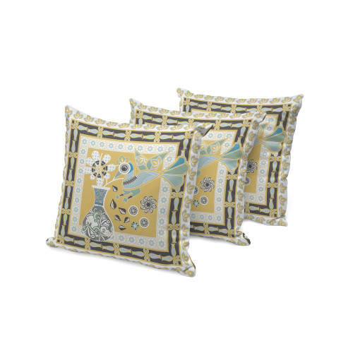 Set of Three Beige White And Black Peacock Indoor Outdoor Throw Pillow