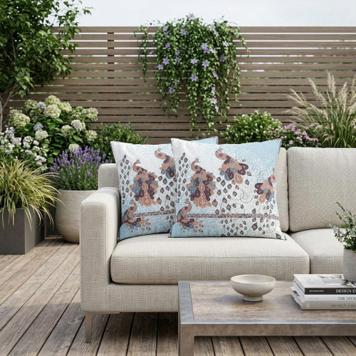 Set of Two Brown Blue And Off White Peacock Indoor Outdoor Throw Pillow