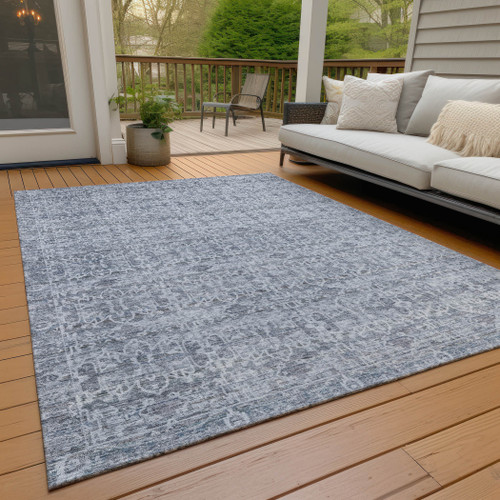 5' X 8' Blue And Ivory Striped Washable Indoor Outdoor Area Rug