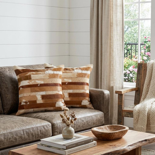Set of Two 18" Brown And White Cowhide Throw Pillows