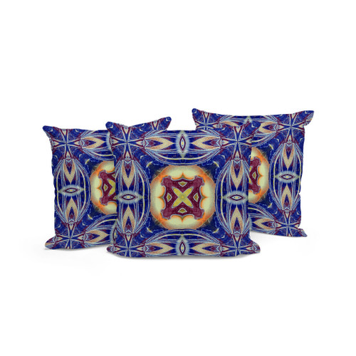 Set of Three Blue Orange And Cream Floral Indoor Outdoor Throw Pillow