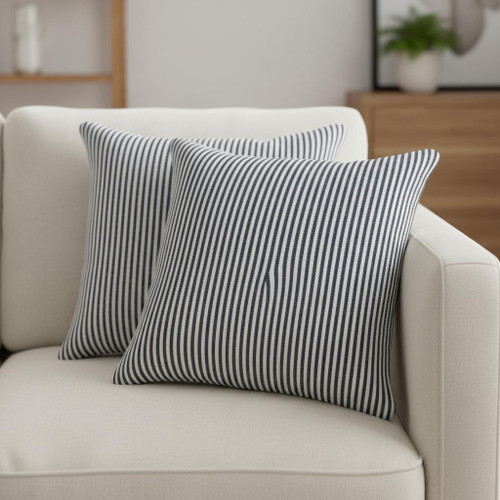 Set of Two Blue And White Striped Cotton Throw Pillows with Texture
