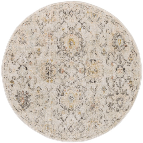 4' Gray Ivory And Yellow Floral Distressed Round Rug
