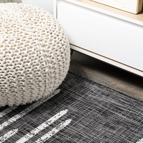 9' Black And Ivory Round Striped Indoor Outdoor Area Rug