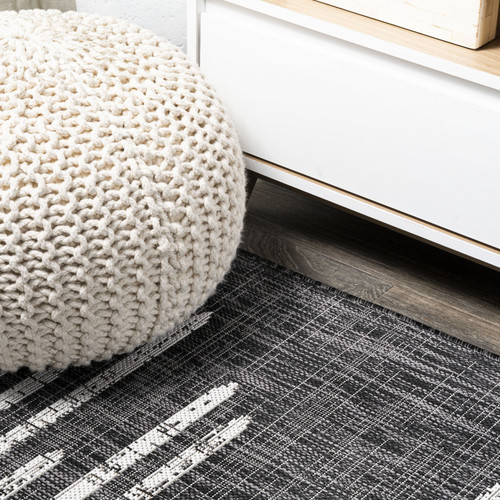 9' Black And Ivory Round Striped Indoor Outdoor Area Rug