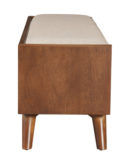 59" Taupe and Brown Linen and Solid Wood Upholstered Storage Bench with Drawers