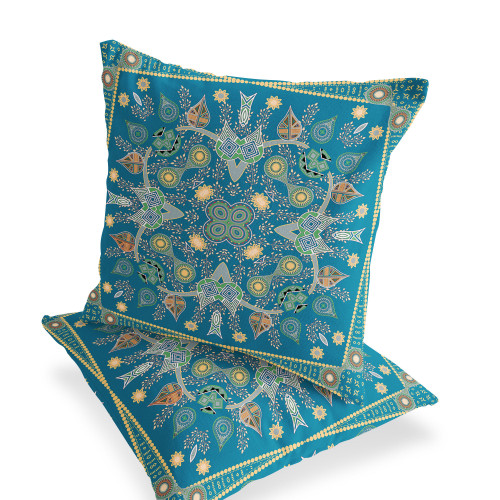 Set of Two Aqua And Gold Botanical Indoor Outdoor Throw Pillow