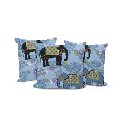 Set of Three Sky Blue Black And White Elephant Indoor Outdoor Throw Pillow