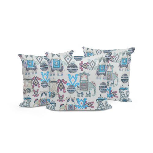 Set of Three Beige Blue And Terra Cotta Elephant Indoor Outdoor Throw Pillow