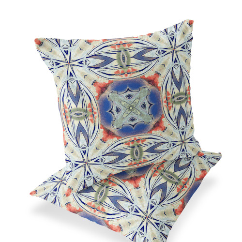 Set of Two Cream Peach And Blue Floral Indoor Outdoor Throw Pillow