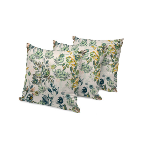 Set of Three White And Green Floral Indoor Outdoor Throw Pillow