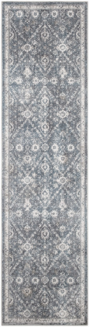 8' Dark Blue And Ivory Floral Distressed Runner Rug