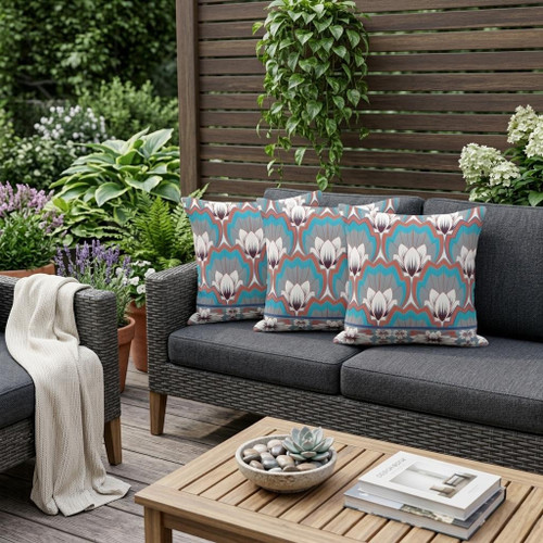 Set of Three Gray Botanical Indoor Outdoor Throw Pillow