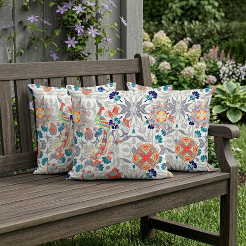 Set of Three White And Orange Peacock Indoor Outdoor Throw Pillow
