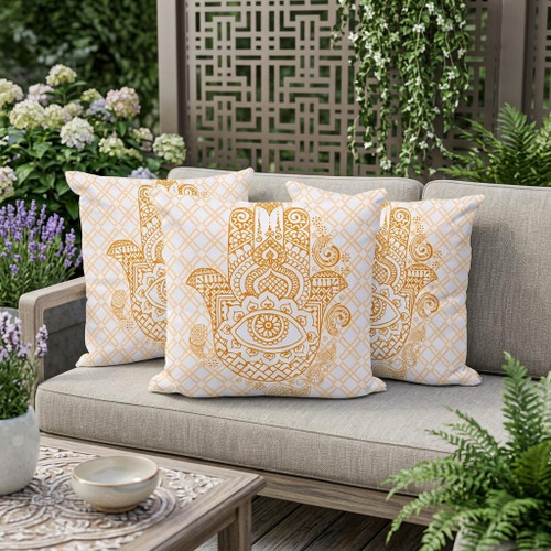 Set of Three White And Gold Hamsa Indoor Outdoor Throw Pillow