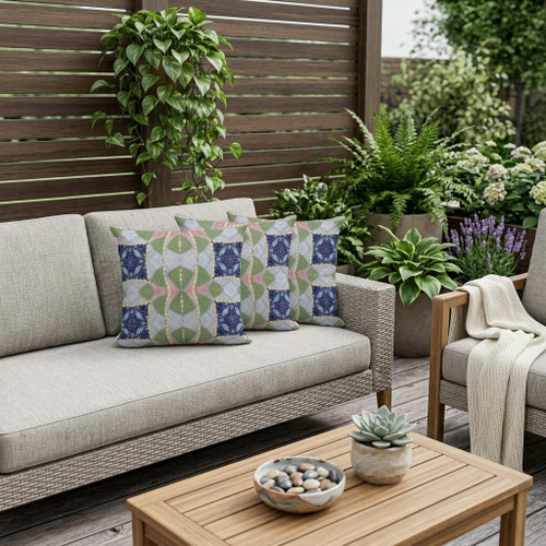 Set of Three Green Pink And Indigo Abstract Indoor Outdoor Throw Pillow