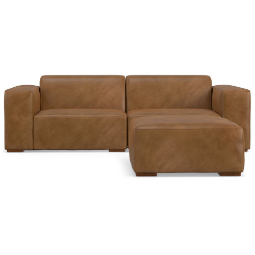 88" Brown Leather Wood Sofa With Ottoman