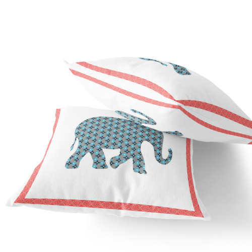 Set of Two Blue Pink And White Elephant Indoor Outdoor Throw Pillow